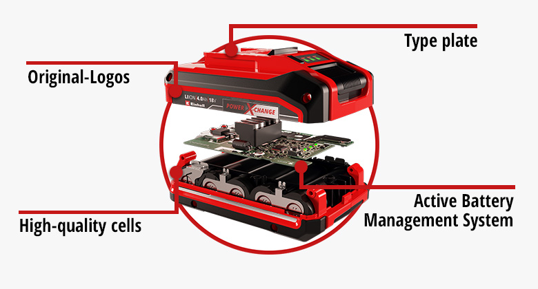 Vista ampliada de una batería Power X-Change de Einhell con descripciones